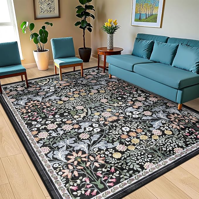 10x14 Area Rugs for Living Room: Floral Washable Rug Vintage Large Soft Boho Non-Slip Carpet Indoor Stain Resistant Low Pile Carpets for Bedroom Dining Room Farmhouse Nursery Home Office Dark Black