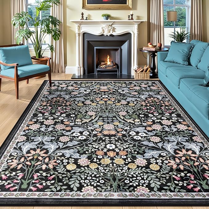 8x10 Area Rugs for Living Room: Floral Washable Rug Vintage Large Soft Boho Non-Slip Carpet Indoor Stain Resistant Low Pile Carpets for Bedroom Dining Room Farmhouse Nursery Home Office Dark Black