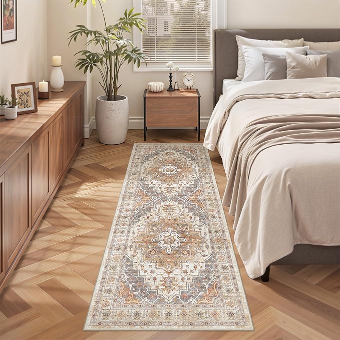 Washable Runner Rug 2x6 Hallway Runner Rug Ultra-Thin Kitchen Rug Non Slip Indoor Floor Foldable Carpet with Low Pile for Entryway Bathroom Laundry Room Living Room(Turmeric/Grey,2'x6')