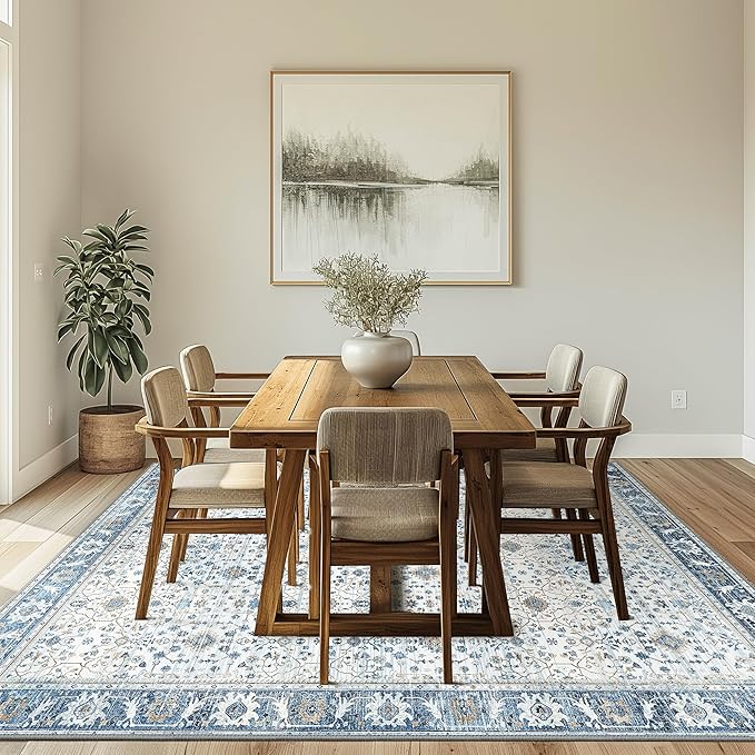 GENIMO Machine Washable 6x9 Area Rugs for Living Room, Non Slip Vintage Rugs, Low Pile Lightweight Chenille Print Rug for Bedroom, Dining Room, Home Office, Retro Light Blue