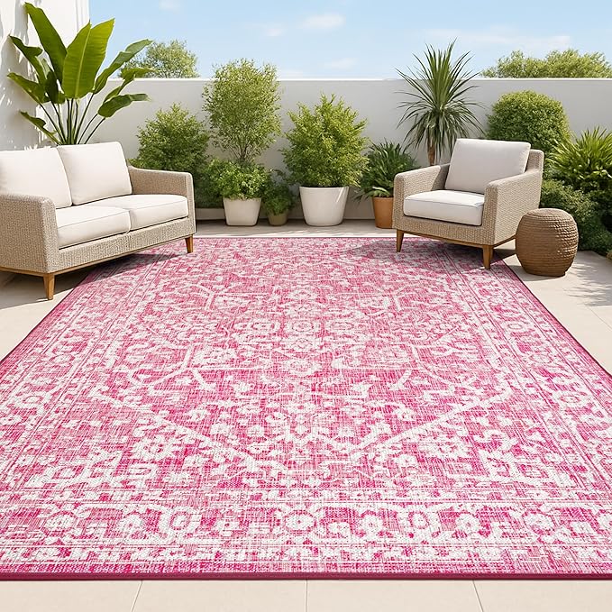 JONATHAN Y Boho Medallion Indoor Outdoor Area Rug 8X10 Fuchsia/Light Gray, Malta Textured Weave for Backyard, Patio, Porch, Easy-Cleaning, High Traffic, Pet-Friendly, Non-Shedding (SMB104E-8)