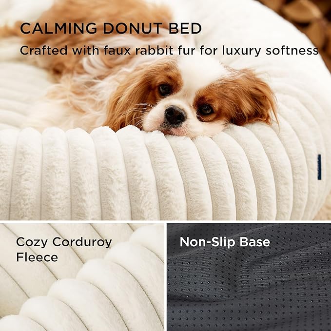 Bedsure ComfyFleece Donut Medium Dog Bed - Washable Faux Fur with Corduroy Fleece & Anti Slip Bottom, Round Pet Bed with Removable Cover, Cream, 30x30x8 inches