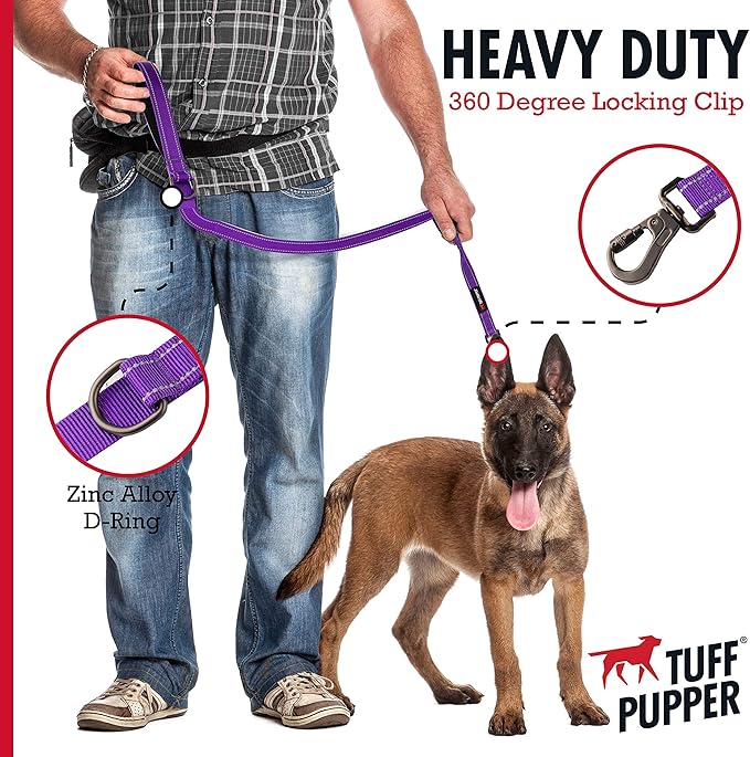 Tuff Pupper Heavy Duty Double Handle Leash | Twist Locking Carabiner Clip | Safety Lock for Strong Dogs | Reflective for Safe Night Walks | 6 Foot Leash | For Medium & Large Dogs