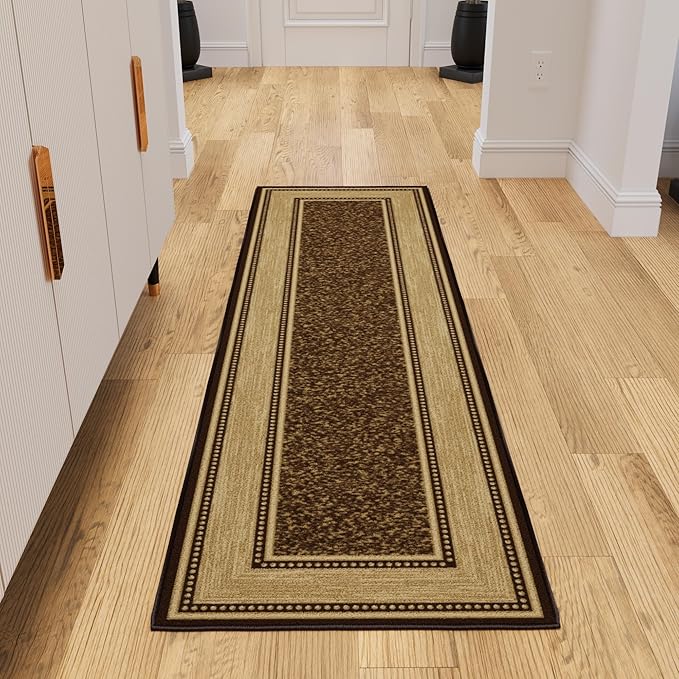 Ottomanson Hallway Runner Rug 1'10" x 6' Non Slip Border Area Rugs Easy to Clean Laundry Rug Runner Durable & Pet Friendly Floor Carpet Runners for Hallways Entryway Living Room Kitchen, Brown