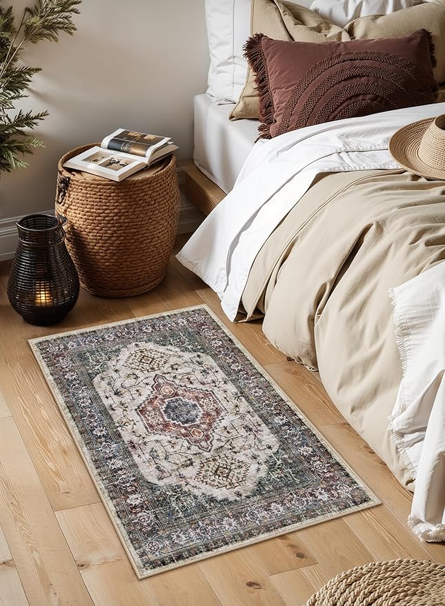 Lahome Oriental Small Rugs for Entryway, 2x3 Rug Non Slip Washable Door Mat Indoor Entrance Ultra-Thin Vintage Soft Carpet for Kitchen Bedroom Front Door Bathroom, Brown/Grey