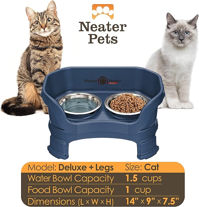 Neater Feeder Deluxe Mess Proof Cat Bowls Elevated for All Breeds – Made in USA – No Spill Raised Cat Bowls for Indoor Cats w/Leg Extensions – Stainless Steel Cat Food and Water Bowl Set - Dark Blue