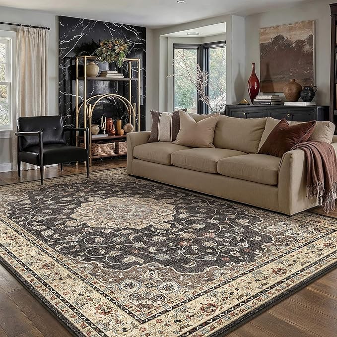 HUGEAR Machine Washable Area Rugs 6x9 Vintage Black Living Room Bedroom Rug Neutral Style Non Slip Stain Resistant Low Pile Throw Carpet for Home Retro Aesthetic Modern Decor