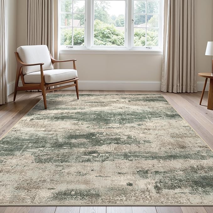 Area Rugs 10x14 for Living Room Bedroom, Modern Abstract Machine Washable Rug, Large Soft Low Pile Floor Cover with Non Slip Backing for Dining Room, Grey/Dark Green