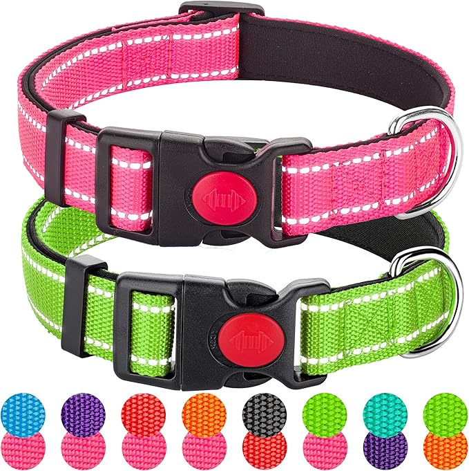 2 Pack Reflective Dog Collars for Medium Large and Small Breed Dogs Male Female,Padded Soft Durable Nylon Neoprene Collar for Puppy Dogs Girl Boy with Quick Release Safety Buckle,Pink,Green,S