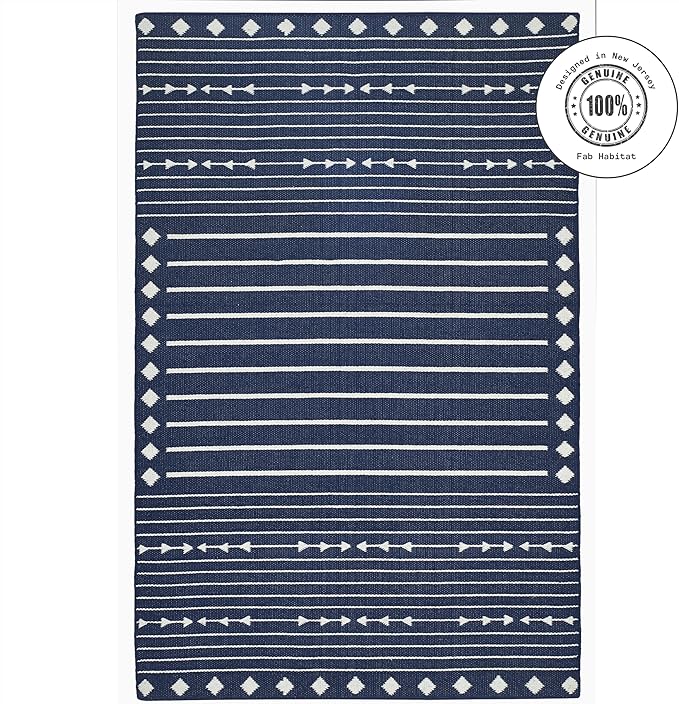 Fab Habitat Machine Washable Area Rug - Hand Woven, Stain Resistant, Pet Friendly, Reversible - Premium Recycled Polyester Yarn - Aztec, Kilim - Bedroom,Living Room - Flagstaff - Navy/White - 4 x 6 ft