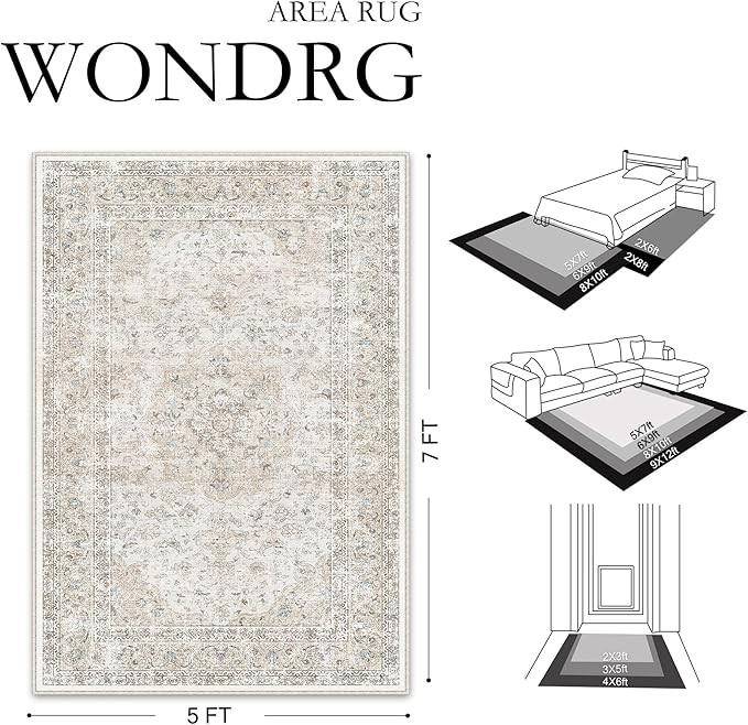 3x4 Washable Vintage Area Rug for Living Room Bedroom Beige Grey Soft Tranditional Non Slip Large Throw Rug Lightweight Floral Low Pile Distressed Carpet Entryway Doormat Hallway Bedroom