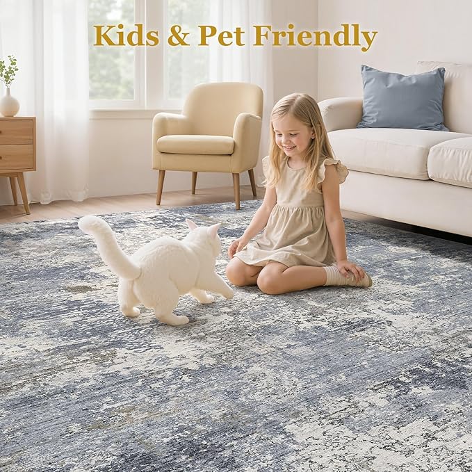 Area Rugs for Living Room: 5x7 Abstract Washable Rug Modern Neutral Large Soft Stain Resistant Non-Slip Backing Machine Table for Bedroom Dining Room Indoor Home Office Carpet - Light Denim Blue