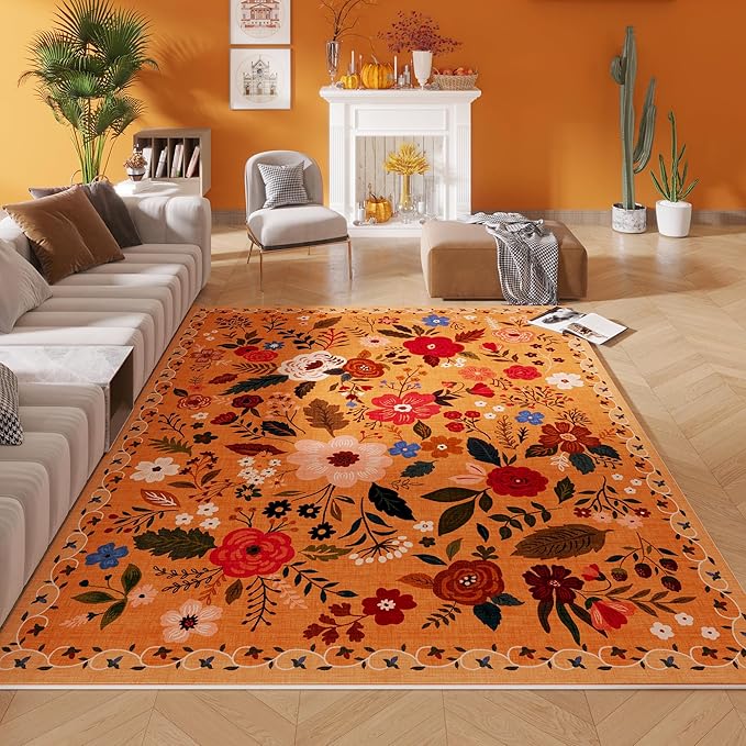 Rugcomf Living Room Rug 6x9 Rug Machine Washable Boho Area Rug Non Slip Floral Vintage Low Pile Large Rug for Living Room, Bedroom, Farmhouse, Dining Room, Kids Playroom(Yellow)