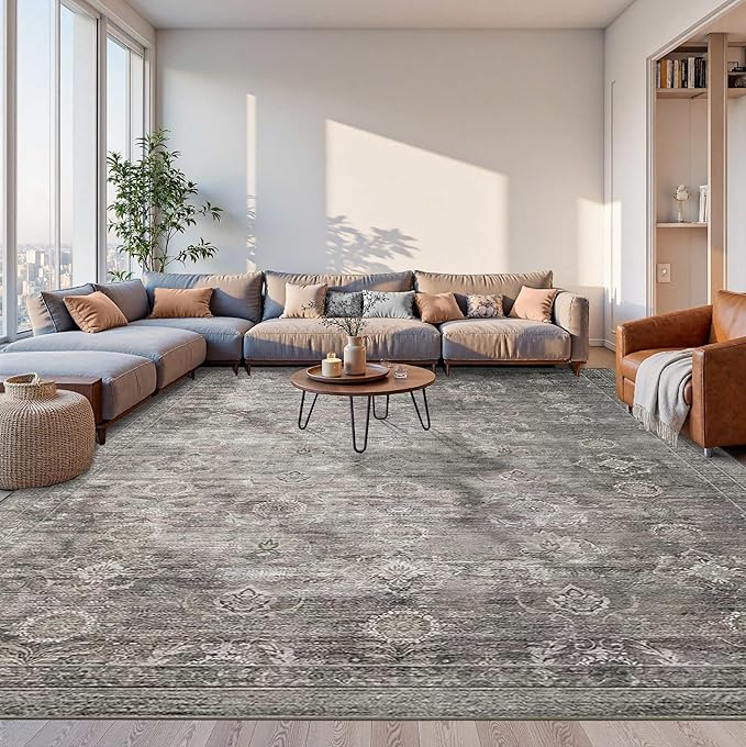 9x12 Area Rugs for Living Room Bedroom, Large Washable Rug, Grey Vintage Retro Boho Rug, Non Slip & Low Pile Faux Wool Thin Carpet for Indoor Dining Room and Kids Room(Taupe/Grey 9x12ft)