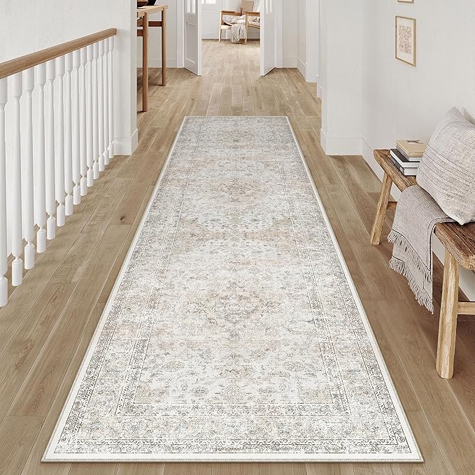 2.6x8 Washable Vintage Runner Rug for Living Room Bedroom Beige Grey Soft Tranditional Non Slip Runner Rug Lightweight Floral Low Pile Distressed Carpet Hallway Kitchen Bedroom