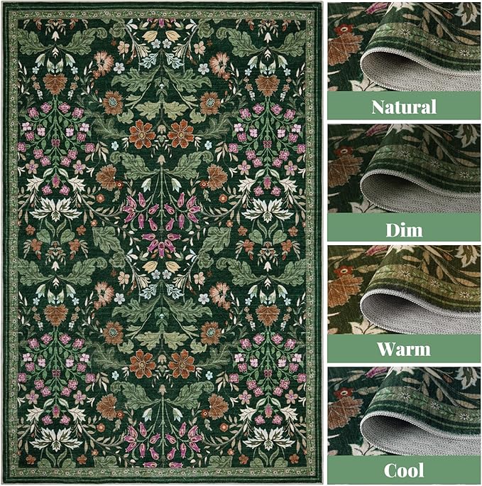 Floral Entryway Washable Rug: 2x3 Soft Low Pile Thin Indoor Front Door Mat, Non Slip Stain Resistant Vintage Flower Boho Accent Small Rugs for Bedroom, Kitchen, Bathroom, Nursery Entrance - Green