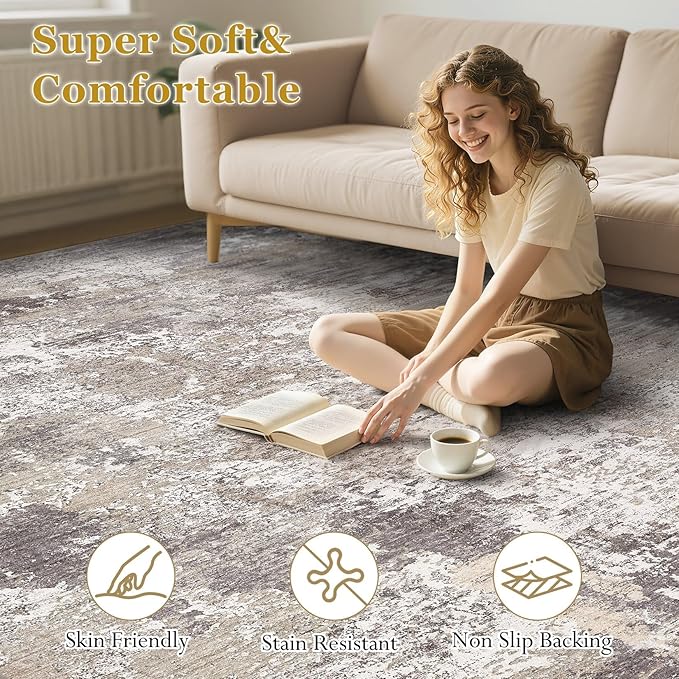 8x10 Area Rugs for Living Room：Washable Rug Abstract Modern Neutral Large Soft Stain Resistant Non-Slip Backing Machine Table for Bedroom Dining Room Indoor Home Office Carpet - Light Brown