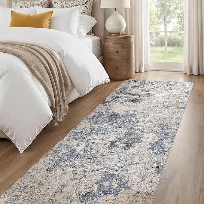 Hallway Washable Runner Rug: 3x12 Abstract Modern Soft Stain Resistant Non-Slip Backing Runner for for Entryway Kitchen Laundry - Blue Brown
