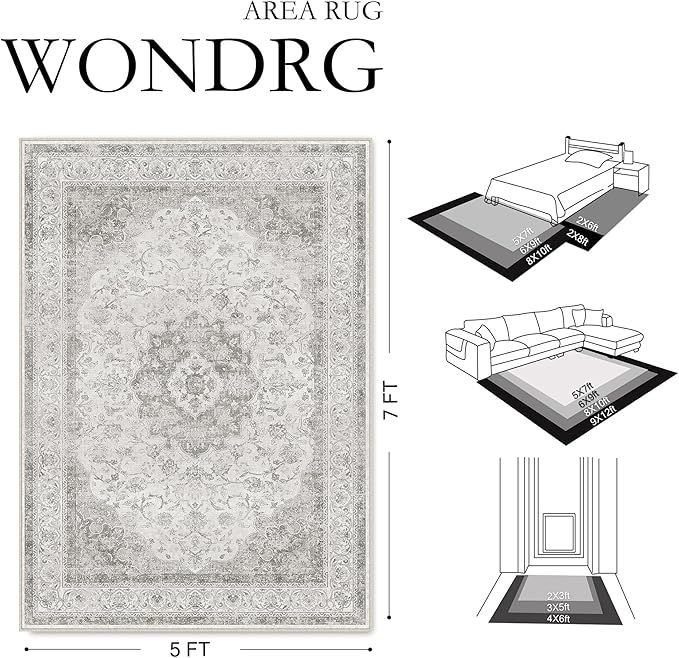 5x7 Grey Washable Vintage Area Rug for Living Room Bedroom Soft Tranditional Non Slip Large Throw Rug Lightweight Floral Low Pile Distressed Carpet Laundry Dining Room Kitchen Office Classroom