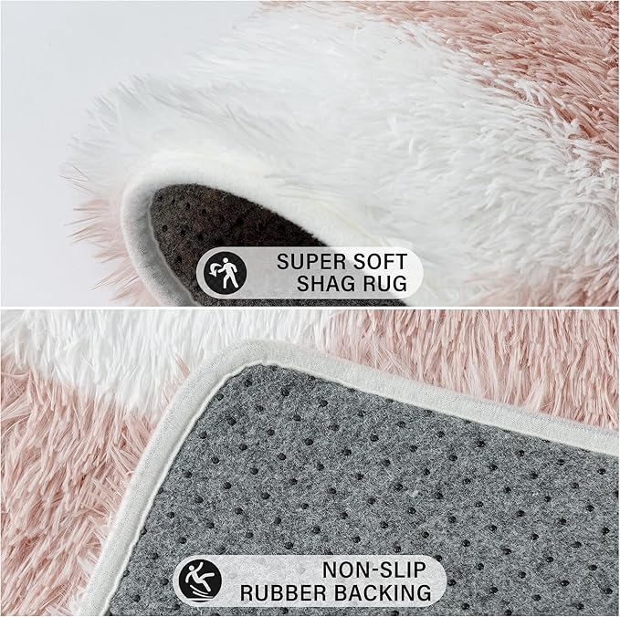 Checkered 4x4 Round Rug for Playroom, Pink and White Modern Shag Rugs Super Soft Washable Fluffy Carpet Indoor Office Fuzzy for Bedroom Living Romm Home Dorm Aesthetic Decor
