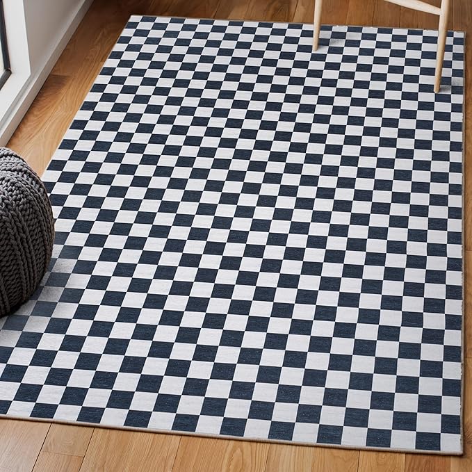 JONATHAN Y Machine Washable Indoor Area Rug 4X6 Dark Blue/White, Ainsley Modern Cottage Checkerboard for Living Room, Bedroom, Kitchen, Office, Easy-Cleaning, Pet-Friendly, Non-Shedding WSH126C-4