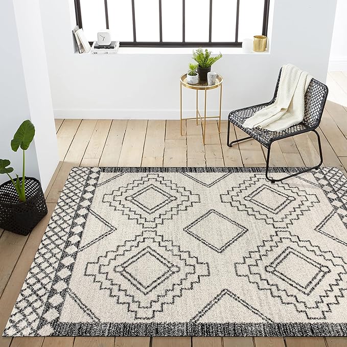 JONATHAN Y Amir Moroccan Beni Souk Cream/Black Indoor Area Rug, 3x5, Bohemian, Scandinavian, Easy-Cleaning for Living Room, Bedroom, Kitchen, Pet Friendly, Non-Shedding (MOH200A-3)