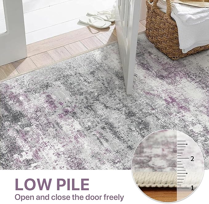 Area Rugs 5x7 for Living Room Bedroom, Modern Abstract Machine Washable Rug, Large Soft Low Pile Floor Carpet with Non Slip Backing for Dining Room, Grey/Purple