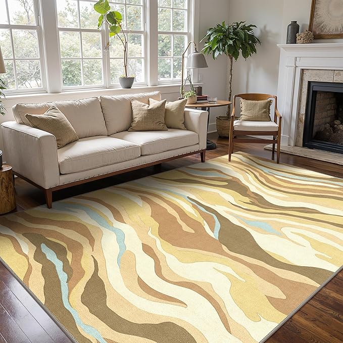 Area Rugs 8x10 for Living Room Bedroom, Modern Abstract Machine Washable Rug, Large Soft Low Pile Floor Carpet with Non Slip Backing for Dining Room,Desert Gold
