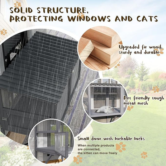 Outdoor Cat Window Perch, Catio Cat Enclosure Window Box Access with Double Doors for Cats Tunnel, Cats Patio w/All-Weather Roof for Indoor Kitty Sunbathing, Napping