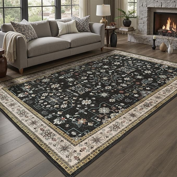 DCX Machine Washable Black Area Rug 9x12, Non Slip Stain Resistant Vintage Area Rug for Living Room Diningroom Bedroom Nursery, Soft Low Pile Large Carpet