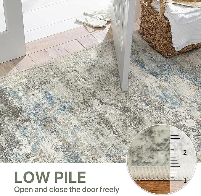 Area Rugs 8x10 for Living Room Bedroom, Modern Abstract Machine Washable Rug, Large Soft Low Pile Floor Carpet with Non Slip Backing for Dining Room, Blue/Taupe