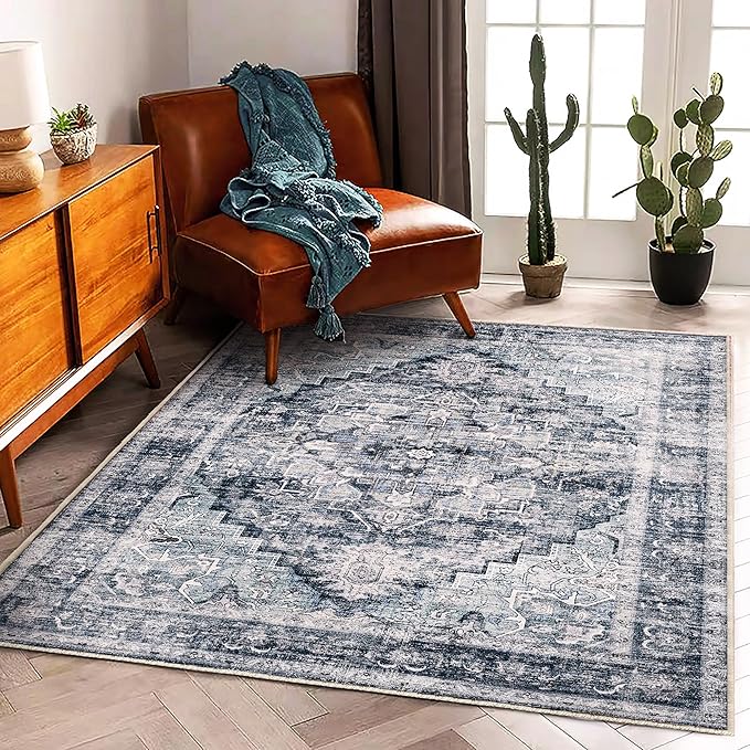 Area Rug 5'x7' Dark Blue Washable Vintage Traditional Floor Cover Thin Retro Kitchen Indoor Distressed Non Slip Carpet for Living Room Bedroom Dining Room