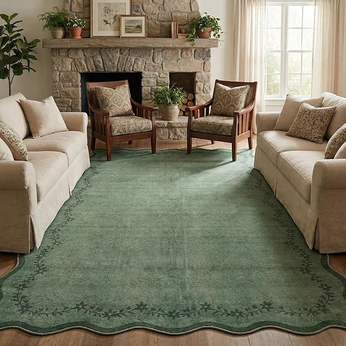 GarveeHome Scalloped Area Rugs 8x10 for Living Room, Dark Green Large Washable Rug Soft Non Slip Backing Floor Mat Carpet Indoor Thin Rug for Bedroom Dining Room Playroom Nursery Home Decor