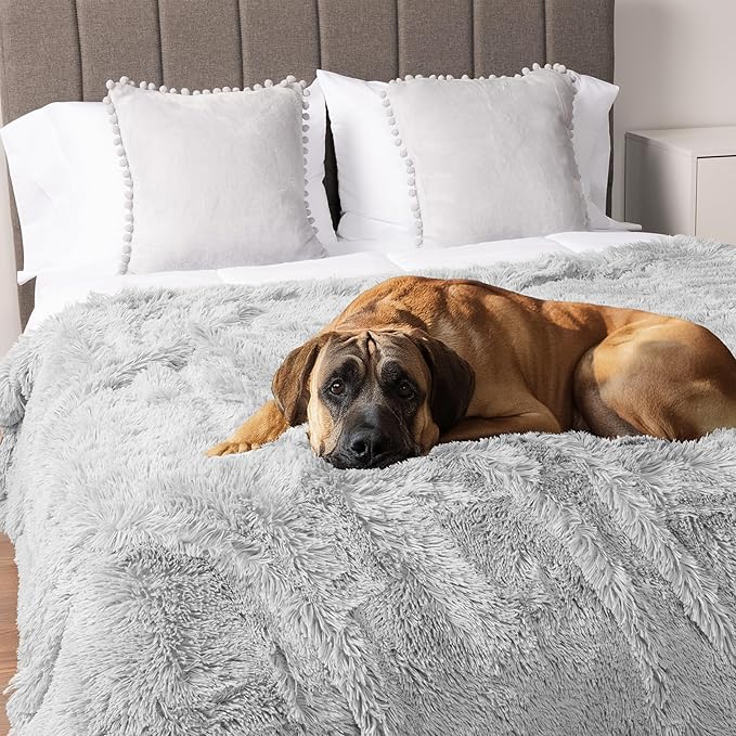 PetAmi Waterproof Dog Blanket for Large Dog, Queen Size Calming Pet Blanket Couch Cover Protector, Sherpa Faux Fur Cat Throw for Sofa Furniture Bed, Soft Fluffy XL, 90x90 Light Gray