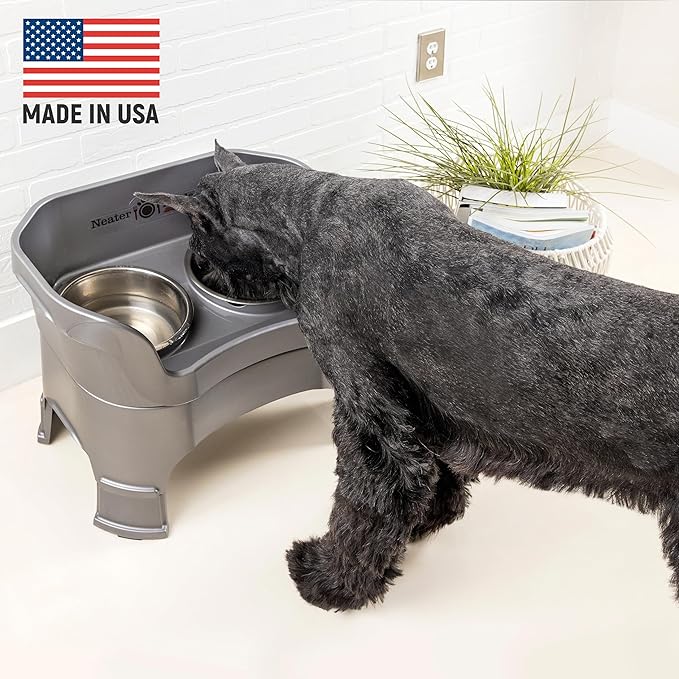 Neater Feeder Deluxe Mess Proof Dog Bowls Elevated for Large Dogs – Made in USA – No Spill Raised Dog Food Bowl Stand w/Leg Extensions – Stainless Steel Dog Food and Water Bowl Set – Grey