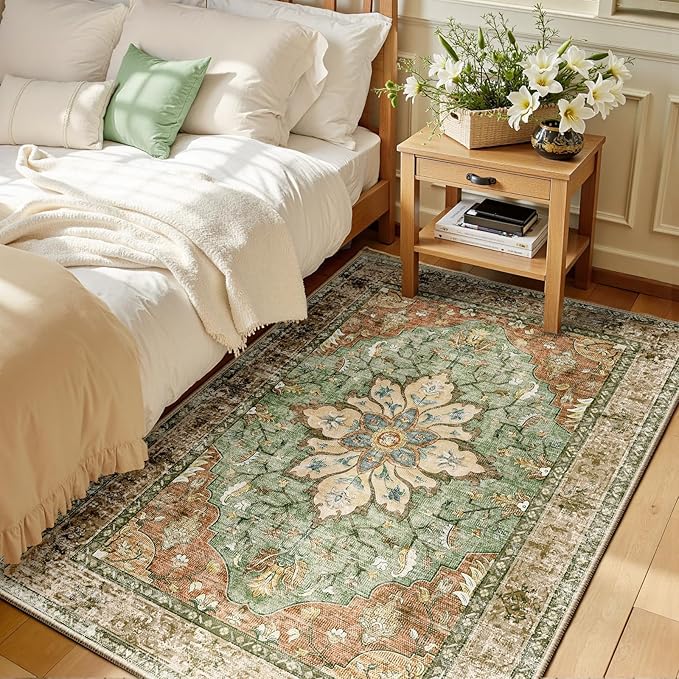 Area Rugs 3'x5' Washable Non-Slip, Floral Vintage Distress Print Pattern Medallion Carpet for Living Room Bedroom Dining Room, Brick Red Rust Neutral Brown Burnt Orange Green