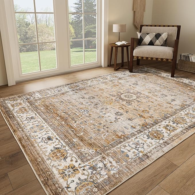 5x7 Area Rugs for Living Room,Stain Resistant Washable Rug,Non-Slip Backing Rugs for Bedroom,Kitchen,Printed Vintage Home Decor Rug (Apricot/Blue, 5'x7')