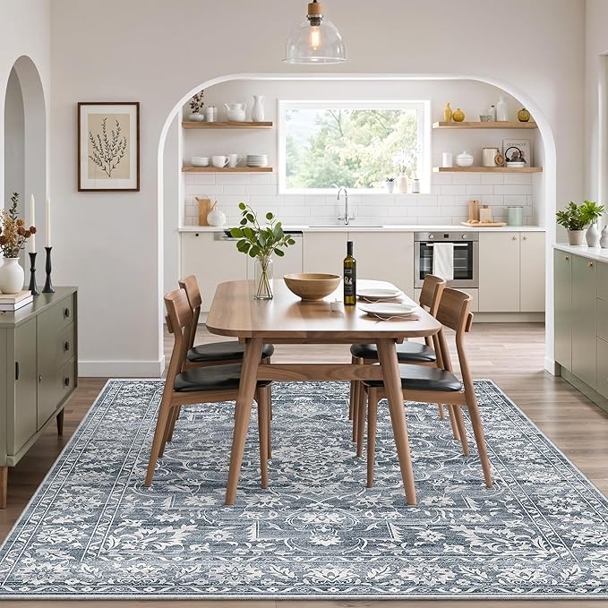 6x9 Area Rugs for Living Room, Stain Resistant Neutral Washable Rugs for Bedroom, Floral Vintage Non-Slip Soft Throw Carpet for Dining Room Farmhouse (Blue, 6'x9')