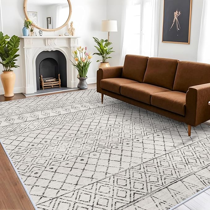 8x10 Rug for Living Room - Washable Area Rugs Modern Moroccan Area Rug Large Low Pile Carpets for Bedroom Soft Indoor Home Thin Area Rug for Dining Room Office 8x10 Geo Grey