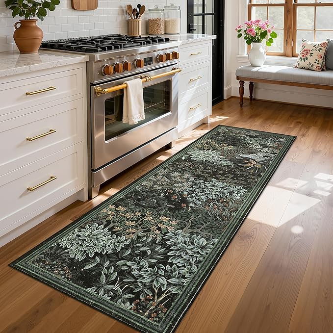 GarveeHome Forest Runner Rug, Black Green Washable Runner Rug 2x6 for Kitchen, Botanical Low Pile Non Slip Stain Resistance Woodland Hallway Rug for Entryway Bedroom Laundry Room