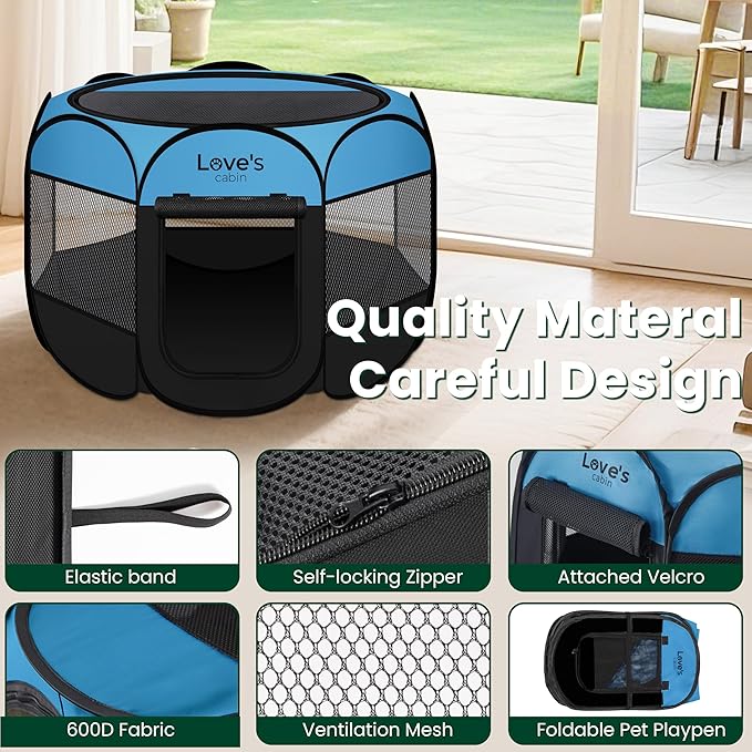 Love's cabin Pet Puppy Dog Playpen, Medium Dog Tent Crates Cage Indoor/Outdoor, Portable Playpen for Cat, Foldable Pop Up Dog Kennel Playpen with Carring Case, Removable Zipper Top, Blue