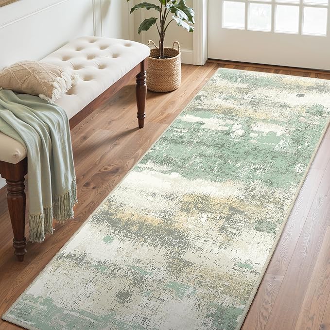 Runner Rug for Hallway Kitchen, 2'6"x4' Machine Washable Runners Rug for Entryway, Soft Modern Abstract Throw Rugs, Low Pile Floor Cover with Non Slip Backing, Light Green