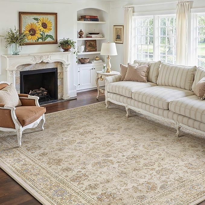 HUGEAR 6x9 Area Rug Beige Vintage Machine Washable Living Room Retro Rugs Distressed Floral Vacuumable Low Pile Carpet Bedroom Office Dining Room Laundry Room Non Slip Soft Lightweight