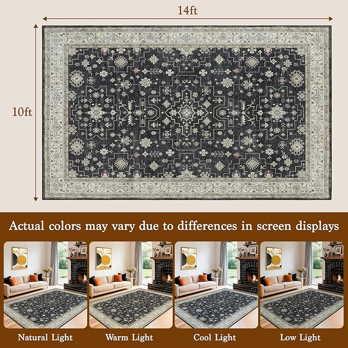 LBRO2M Black Washable Rugs 10X14 Area Rug for Living Room for Bedroom Dining Room Non Slip Farmhouse Rugs Easy Clean, Stain Resistant Carpet Great for Pets and Kids (10'X14' Charcoal Black)