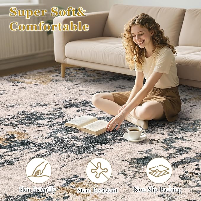 Area Rugs for Living Room: 8x10 Abstract Washable Rug Large Soft Stain Resistant Non-Slip Backing for Bedroom Dining Room Indoor Home Office Carpet for Kids Pet Friendly Families - Grey Gold