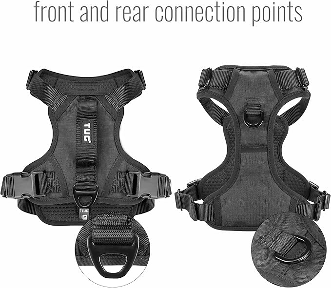 TUG Dog Harness with 2 Leash Connection Points | Adjustable, Padded, Lightweight | Handle on Back | No-Pull Front Clip (Large, Black)