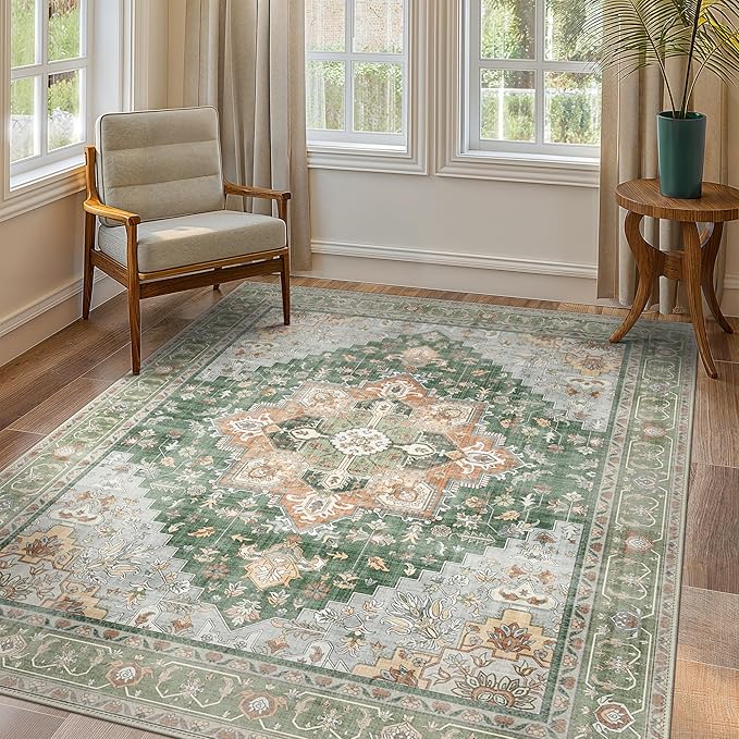 GENIMO 7x10 Area Rugs for Living Room, Machine Washable Non Slip Vintage Rugs, Low Pile Lightweight Chenille Print Rug for Bedroom, Dining Room, Home Office,Sage Green