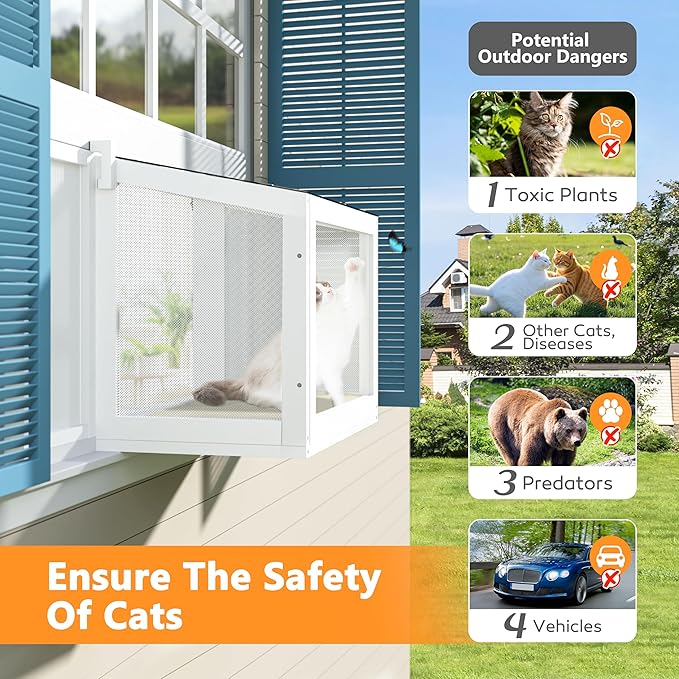 Cat Window Box, Adjustable Window Cat Perch Catio, Wooden Window Catio for Indoor Cats, 304 Iron Mesh, Fits Vertical Window Frames 26" to 42" Wide, Sunbathing, Overlooking, White