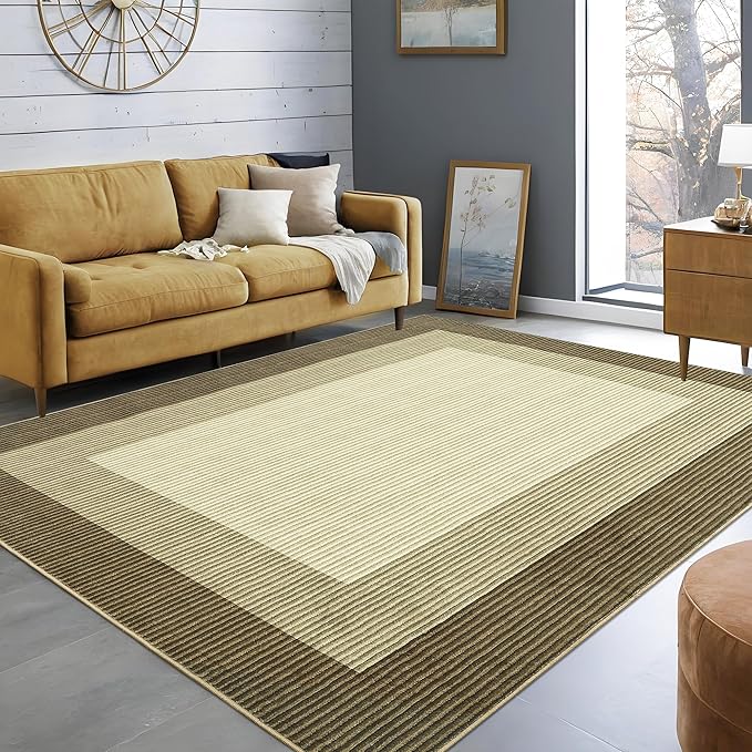 GarveeHome Area Rugs 10x13 Living Room Rug, Machine Washable Rug Large Modern Bordered Rug Soft Carpet Bedroom Non Slip Stain Resistant Neutral Solid Border 10x13 Carpet for Farmhouse Brown
