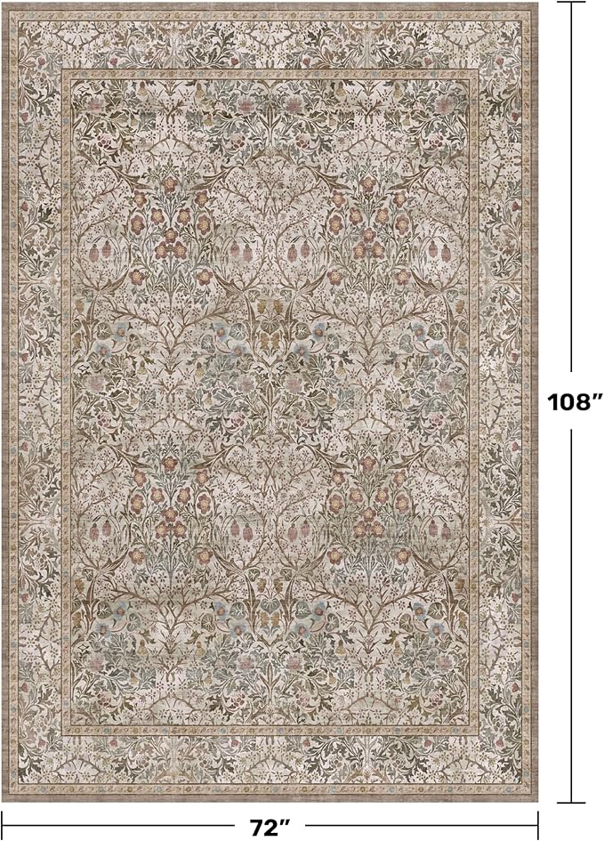 Washable Dining Room Rugs for Under Table - 6x9 Moss Green Oriental Area Rug for Living Room, Low Pile Non-Slip Floor Carpet for Bedroom Under Bed - Vintage Brown Neutral Design & Stain Resistance